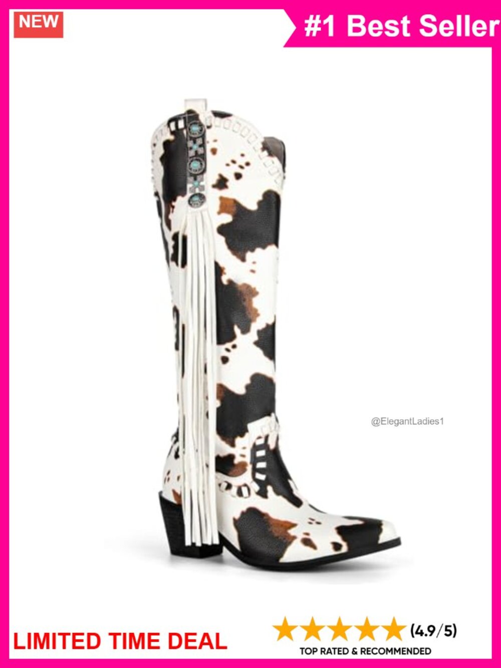 Suede Knee High Fringe Cowboy Boots Turquoise Stones Side Zip